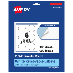 Avery® Removable Labels With Sure Feed®, 94512-RMP100, Round, 2-3/4" Diameter, White, Pack Of 600 Labels