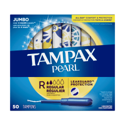 Tampax Pearl Tampons With LeakGuard Braid, Regular Absorbency, Unscented, 50 Tampons Per Box, Case Of 8 Boxes