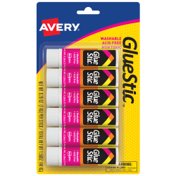 Avery® Permanent Glue Stick™, Washable, Nontoxic, 0.26 oz., Pack Of 6
