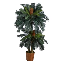 Nearly Natural Double Sago Palm Artificial Tree With Basket, 60"H x 36"W x 36"D, Green/Brown