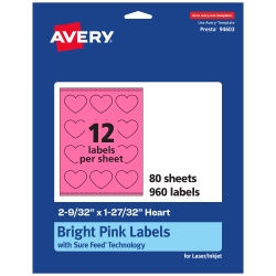Avery® Print-To-The-Edge Labels With Sure Feed® Technology, 94603-BPP80, Heart, 2-9/32" x 1-27/32", Matte Bright Pink, Pack of 960