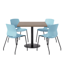 KFI Studios Proof Cafe Pedestal Table With Imme Chairs, Square, 29"H x 42"W x 42"W, Studio Teak Top/Black Base/Sky Blue Chairs