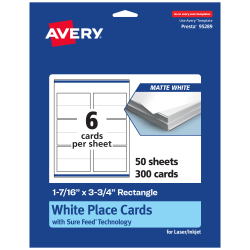 Avery® Printable Place Cards With Sure Feed® Technology, 1-7/16" x 3-3/4" Rectangle, Matte White, Pack Of 300