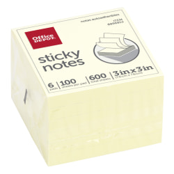 Office Depot® Brand Sticky Notes, 3" x 3", Pastel Yellow, 100 Sheets Per Pad, Pack Of 6 Pads