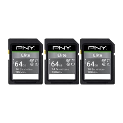 PNY® Elite Class 10 U1 V10 100 Mbps SDXC Flash Memory Cards, 64GB, Pack Of 3 Memory Cards