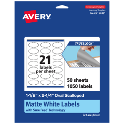 Avery® Print-To-The-Edge TrueBlock® Labels With Sure Feed®, 94061-TWMP50, Oval Scalloped, 1-1/8" x 2-1/4", Matte White, Pack Of 1050