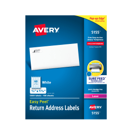 Avery® Easy Peel® Return Address Labels With Sure Feed® Technology, 5155, Rectangle, 2/3" x 1-3/4", White, Pack Of 6,000
