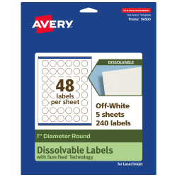 Avery® Print-to-the-Edge Dissolvable Labels With Sure Feed® Technology, 94500-DWMP5, Round, 1", Matte Off-White, Pack Of 240