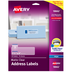 Avery® Matte Address Labels With Sure Feed® Technology, 18662, Rectangle, 1-1/3" x 4", Clear, Pack Of 140