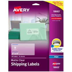 Avery® Matte Shipping Labels With Sure Feed® Technology, 18663, Rectangle, 2" x 4", Clear, Pack Of 100
