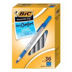 BIC® Round Stic Grip Ballpoint Pens, Medium Point, 1.2 mm, Blue Ink, Pack Of 36 Pens