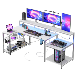 Bestier 72"W Computer Desk With Power Outlets, Monitor Stand And LED Lights, White