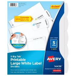 Avery® Big Tab™ Printable Large Label Dividers With Easy Peel®, 8 1/2" x 11", 5 Tab, White, Pack Of 4