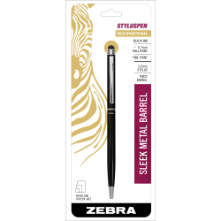 Zebra® Pen Retractable Ballpoint Pen With Stylus, Fine Point, 0.7 mm, Black Barrel, Black Ink
