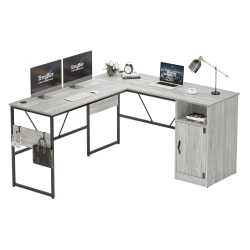 Bestier Reversible 60"W Corner Computer Desk With Storage Cabinet & Accessory Hooks, White Wash
