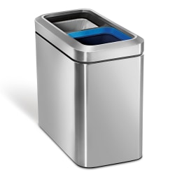simplehuman Slim Open Top Mini Trash Can, 5.3 Gallons, Dual Compartment Recycler, 15.2"H x 8.7"W x 16.7"D, Rectangular, Brushed Stainless Steel