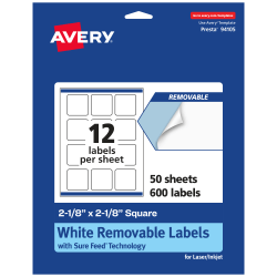 Avery® Removable Labels With Sure Feed®, 94105-RMP50, Square, 2-1/8" x 2-1/8", White, Pack Of 600 Labels