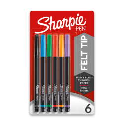 Sharpie® Pens, Fine Point, 0.4 mm, Black Barrels, Assorted Ink Colors, Pack Of 6