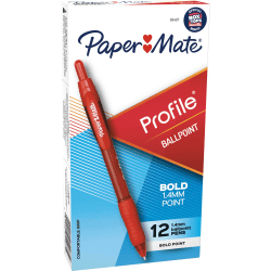 Paper Mate® Profile™ Retractable Ballpoint Pens, Bold Point, 1.4 mm, Translucent Barrel, Red Ink, Pack Of 12