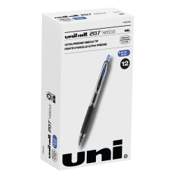 uni-ball® 207™ Retractable Fraud Prevention Gel Pens, Needle Point, 0.7 mm, Translucent Black Barrels, Blue Ink, Pack Of 12