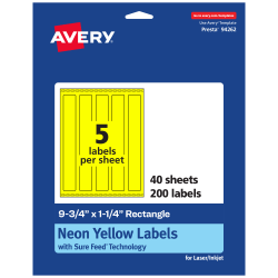 Avery® Print-To-The-Edge Labels With Sure Feed® Technology, 94262-NYP40, Rectangle, 9-3/4" x 1-1/4", Matte Neon Yellow, Pack of 200
