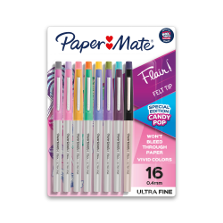 Paper Mate® Flair Felt-Tip Pens, Ultra Fine Point, 0.4 mm, Gray Barrel, Assorted Ink, Pack Of 16