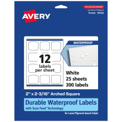 Avery® Waterproof Permanent Labels With Sure Feed®, 94124-WMF25, Arched Square, 2" x 2-3/16", White, Pack Of 300