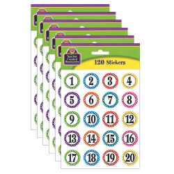 Teacher Created Resources® Stickers, Polka Dots Numbers, 120 Stickers Per Pack, Set Of 6 Packs