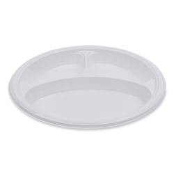 Boardwalk® Hi-Impact Plastic Plates, 3-Compartment, 10", White, Carton Of 500 Plates