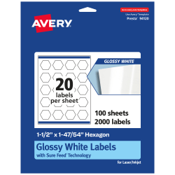 Avery® Glossy Permanent Labels With Sure Feed®, 94120-WGP100, Hexagon, 1-1/2" x 1-47/54", White, Pack Of 2,000