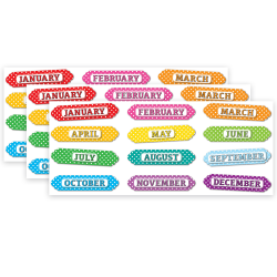 Ashley Productions Magnetic Die-Cut Timesavers & Labels, Months Of The Year, White Polka Dots/Assorted Colors, 12 Pieces Per Pack, Set Of 3 Packs