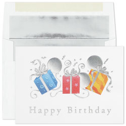 Custom Embellished Birthday Greeting Cards With Blank Foil-Lined Envelopes, 7-7/8" x 5-5/8", Packages & Balloons, Box Of 25 Cards