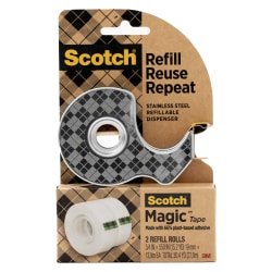 Scotch Stainless Steel Dispenser Starter Pack with Magic Tape , 0.75 in x 550 in, 2 Roll/Pack