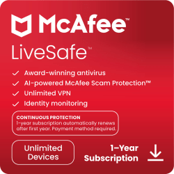 McAfee LiveSafe, 2024, For 1 Device, 1-Year Subscription, Windows/IOS/OS, Download