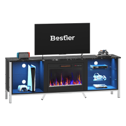 Bestier 71" Electric Fireplace TV Stand For 75" TV With Adjustable Glass Shelves, 25-1/2"H x 71"W x 15-11/16"D, Black Marble