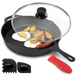 MegaChef Pre-Seasoned Cast Iron Skillet With Tempered Glass Lid, 12", Black