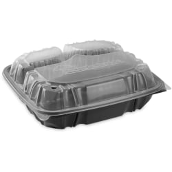 Pactiv Evergreen EarthChoice® Vented Dual-Color Microwavable Hinged-Lid Containers, 3-Compartment Base/Lid, 34 Oz, Black/Clear, 132 PK - DC109330B000