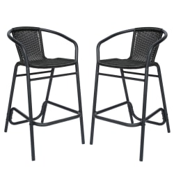 Flash Furniture Lila Set of 2 Commercial Grade Indoor-Outdoor PE Rattan Restaurant Barstools with Aluminum Frames and Footrests, Black
