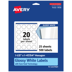 Avery® Glossy Permanent Labels With Sure Feed®, 94120-WGP25, Hexagon, 1-1/2" x 1-47/54", White, Pack Of 500