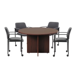 Boss Office Products Round Table And 4 Stackable Guest Chairs Set, 42" Diameter, Mahogany/Black