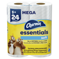 Charmin Essentials 2-Ply Soft Mega Toilet Paper Rolls, 10" x 5-1/4", White, 330 Sheets Per Roll, Pack Of 6 Rolls