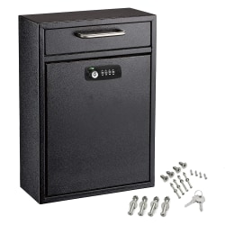 Alpine AdirOffice Large Drop Box Wall Mounted Locking Mail Box With Key And Combination Lock, 16 1/4 H x 11 1/4 W x 4 3/4 D, Black