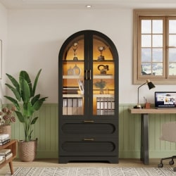 Bestier Modern Arched Bookshelf With Fluted Detail And 2 Drawers, 71-1/16"H x 31-3/16"W x 16-1/4"D, Black, Total Quantity 1