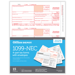 Office Depot® 1099-NEC Laser Tax Forms And Envelopes, 4-Part, 3-Up, 8-1/2" x 11", Pack Of 15 Form Sets