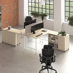 Bush Business Furniture Hustle 2 Person Computer Desk with Mobile Storage Cabinets, Power Grommets, and Privacy Screen, Natural Elm,   - HUS016NE