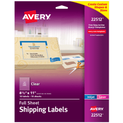Avery® Shipping Labels, 22512, 8-1/2" x 11“, Matte Clear, 1 Label Per Sheet, Pack Of 10 Sheets