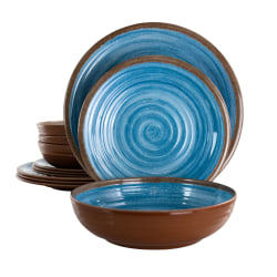 Elama Rippled Tides 12-Piece Dinnerware Set, Blue/Brown