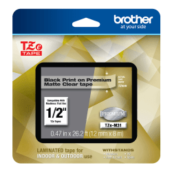 Brother TZE Premium Matte Laminated Tape, 0.47" x 26.2', Black/Clear