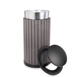 Alpine Slatted Recycled Plastic Panel Round Outdoor Trash Can with Rain Bonnet Lid, 32 Gallon, 33-7/8"H x 20"W x 20D, Gray