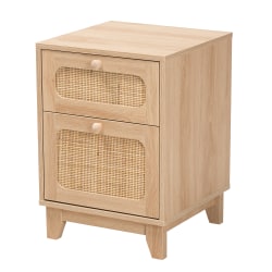 Baxton Studio Elsbeth Mid-Century Modern Wood And Rattan 1-Drawer End Table, 22"H x 15-3/4"W x 15-3/4"D, Light Brown/Natural